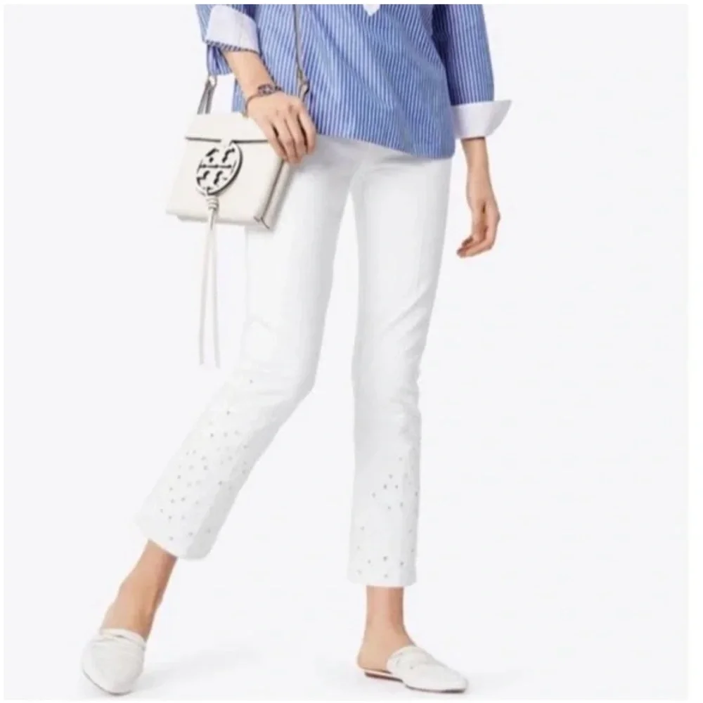 White Keira Tory Burch Eyelet Embroidered Cropped Denim Jeans [Size 27]